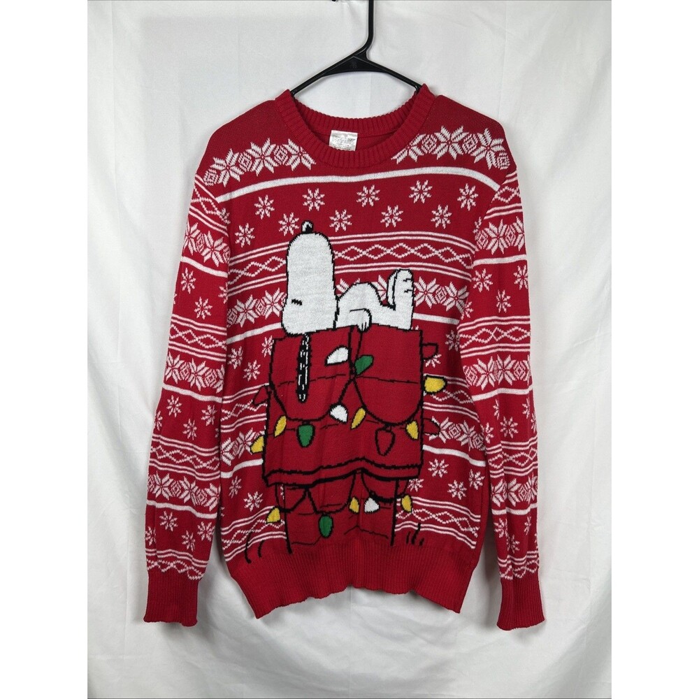 Peanuts Snoopy Ugly Christmas Sweater Red Holiday Dog House Lights Large
